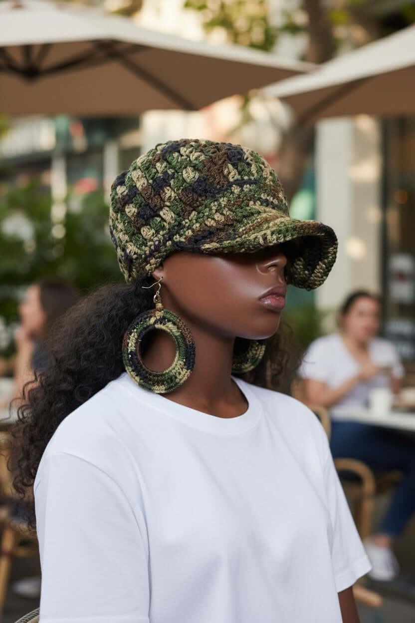 Model wearing the Signature Texture Crown Set -Heritage Camo (Limited Handcrafted Run) with handcrafted cap and earrings.