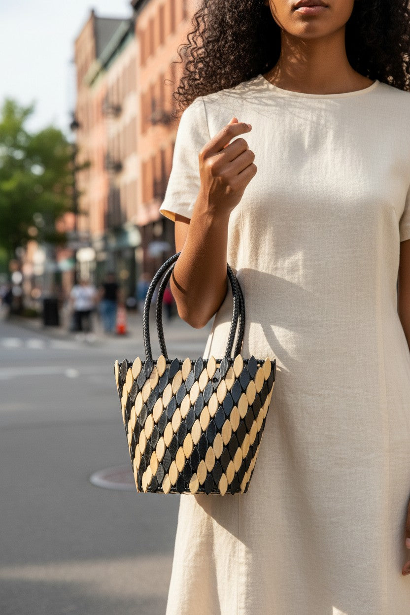 Black & Cream Bucket Bag | Handcrafted Statement Handbag – Legacy Dealz