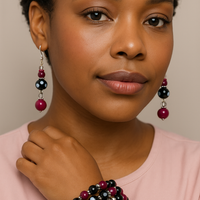 Legacy Pink Noir Duo Set – Handmade Fuchsia & Black Beaded Earrings + Charm Bracelet