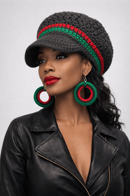 Rooted Rhythm Crochet Crown Set-Signature Texture Crown Set model wearing a stylish crochet cap and statement earrings.