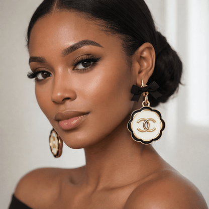 Noir Bow Cameo Upcycled Statement Earrings – One of One worn by a model showcasing their unique style and elegance.