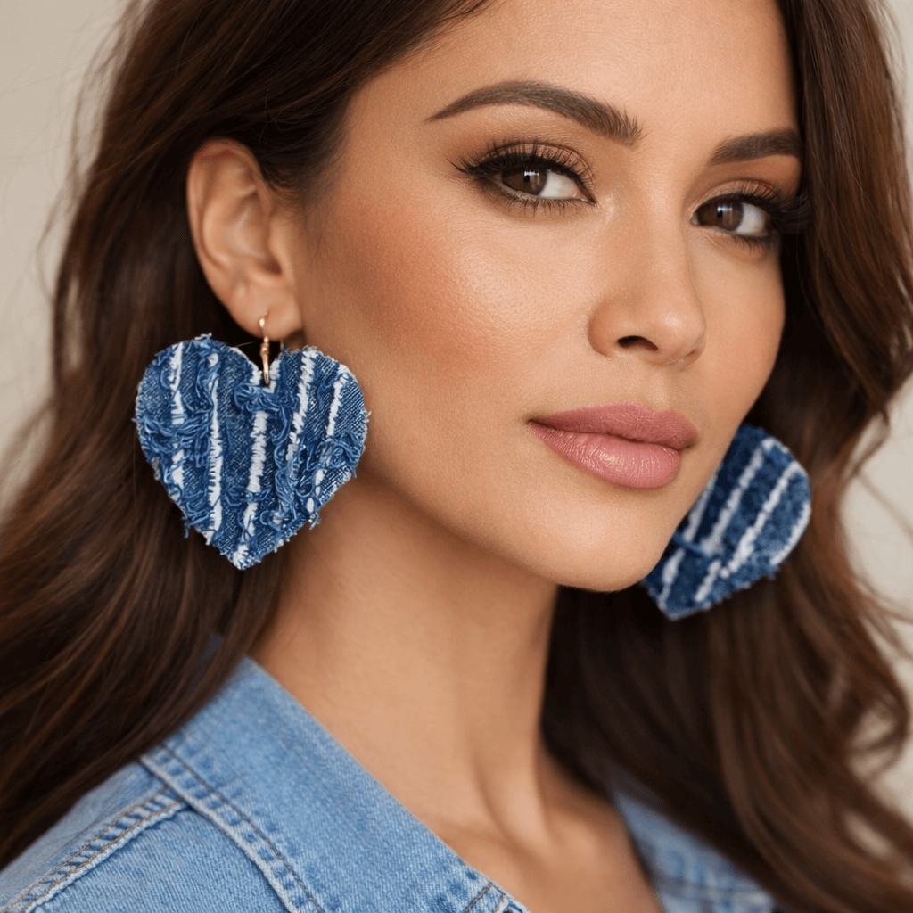 Blue Jean Soul – Handcrafted Heart Earrings worn by a model showcasing the unique denim heart design.