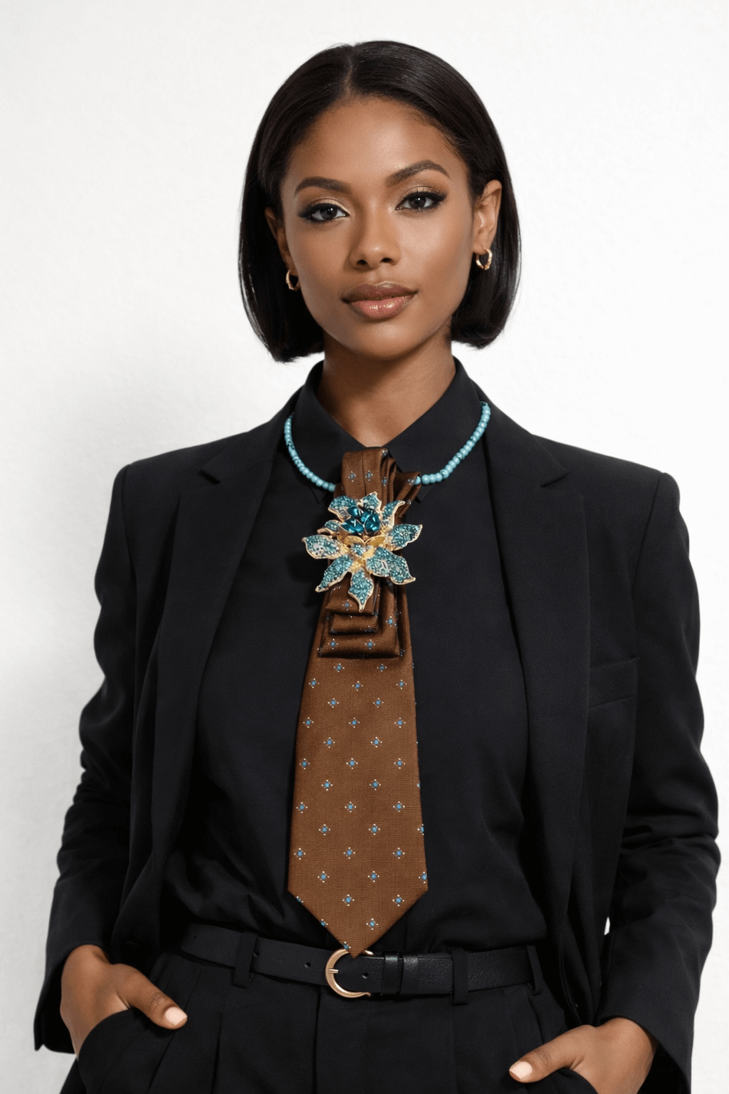 Model wearing Legacy Luxe Cameo Bloom Turquoise Statement Tie (Handcrafted | One of One) with a brown silk base and turquoise accents.