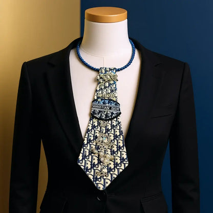 Navy Royale Signature Tie displayed on a mannequin, showcasing its sophisticated design and embellishments.