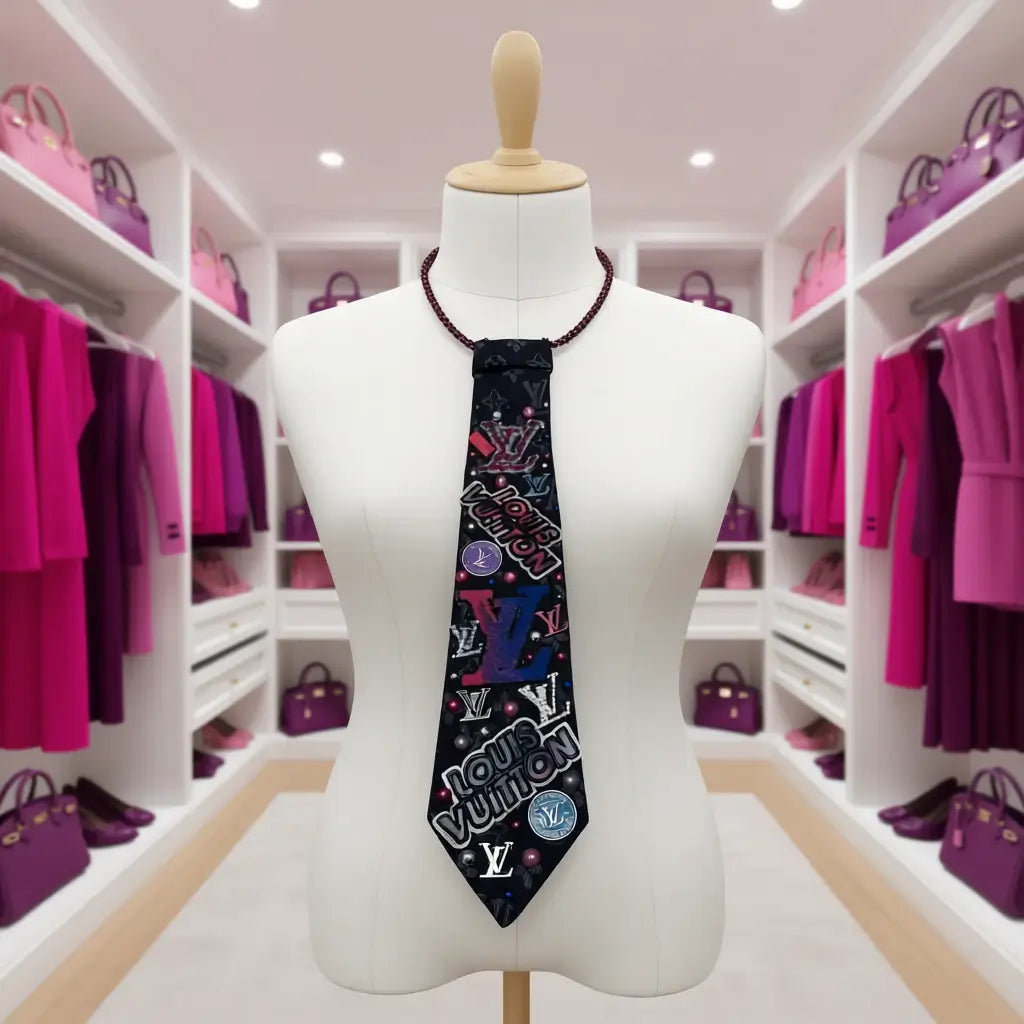 Legacy Luxe Purple Glam Matrix Tie displayed on a mannequin in a stylish closet with pink accessories.