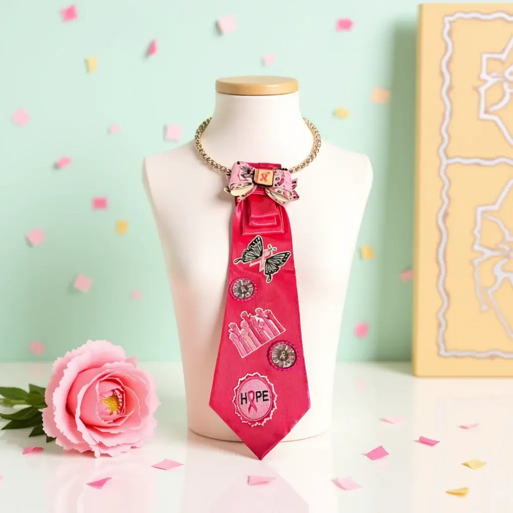 The Pink Promise Tie – Hope Edition | Legacy Dealz Handcrafted 🎀 displayed elegantly on a mannequin with embroidered symbols.