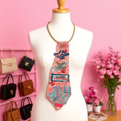Coral Luxe Statement Tie displayed on a mannequin, showcasing vibrant colors and intricate details, perfect for bold fashion statements.