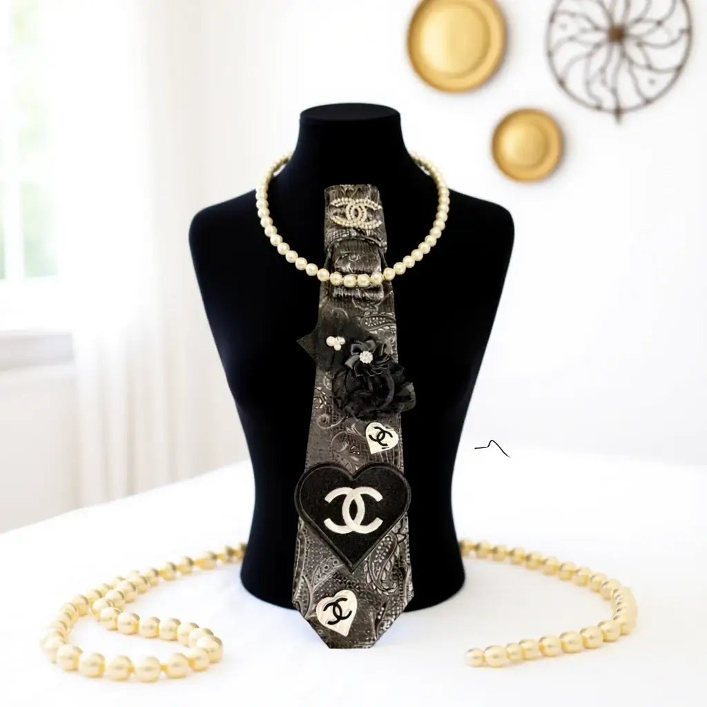 Midnight Opulence Luxe Custom Designer Tie – Handcrafted Black Paisley Necktie with Gold & Floral Accents displayed on a mannequin.