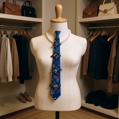 Legacy Luxe Galaxy Voyager Tie displayed elegantly on a mannequin, showcasing its vibrant space-themed artwork.