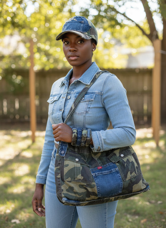 Camouflage Couture Denim Treasure Chest Set – One-of-One Handcrafted Shoulder Bag, Adjustable Hat & Stackable Bangles