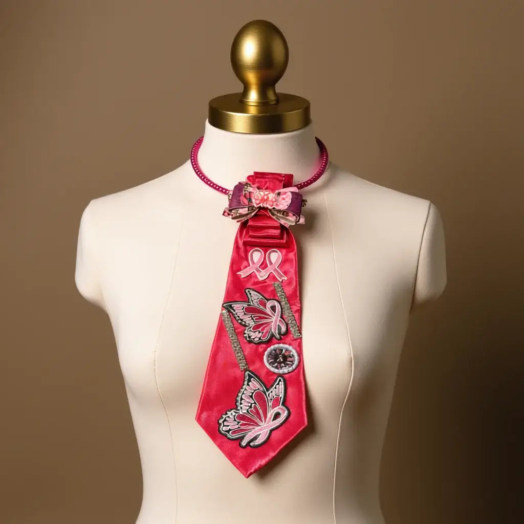 The Pink Promise Tie – Hope Edition | Legacy Dealz Handcrafted 🎀 displayed on a mannequin, showcasing its pink satin and embroidered designs.