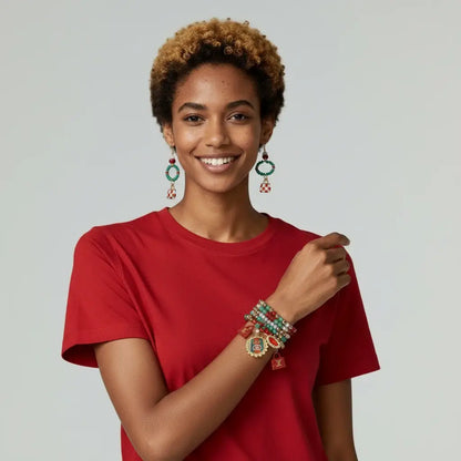 Model wearing the Legacy Enchanted Gem Duo Set, showcasing earrings and bracelet with vibrant gemstone colors.