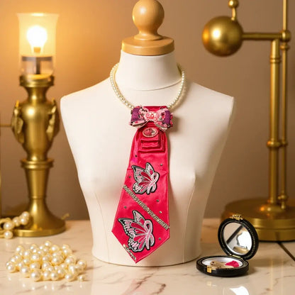 The Pink Promise Tie – Hope Edition | Legacy Dealz Handcrafted 🎀 displayed on a mannequin with butterfly embroidery.
