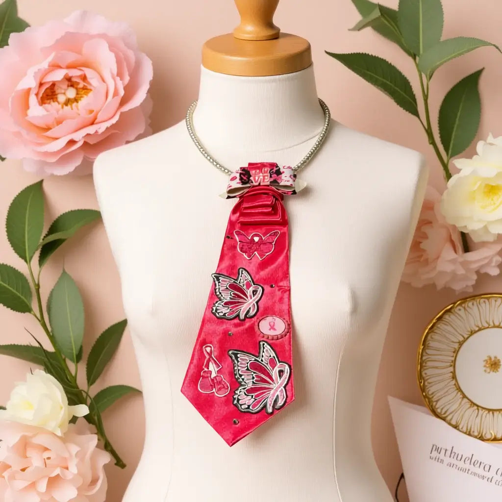 The Pink Promise Tie – Hope Edition | Legacy Dealz Handcrafted 🎀 showcasing bold pink satin and embroidered symbols of hope.