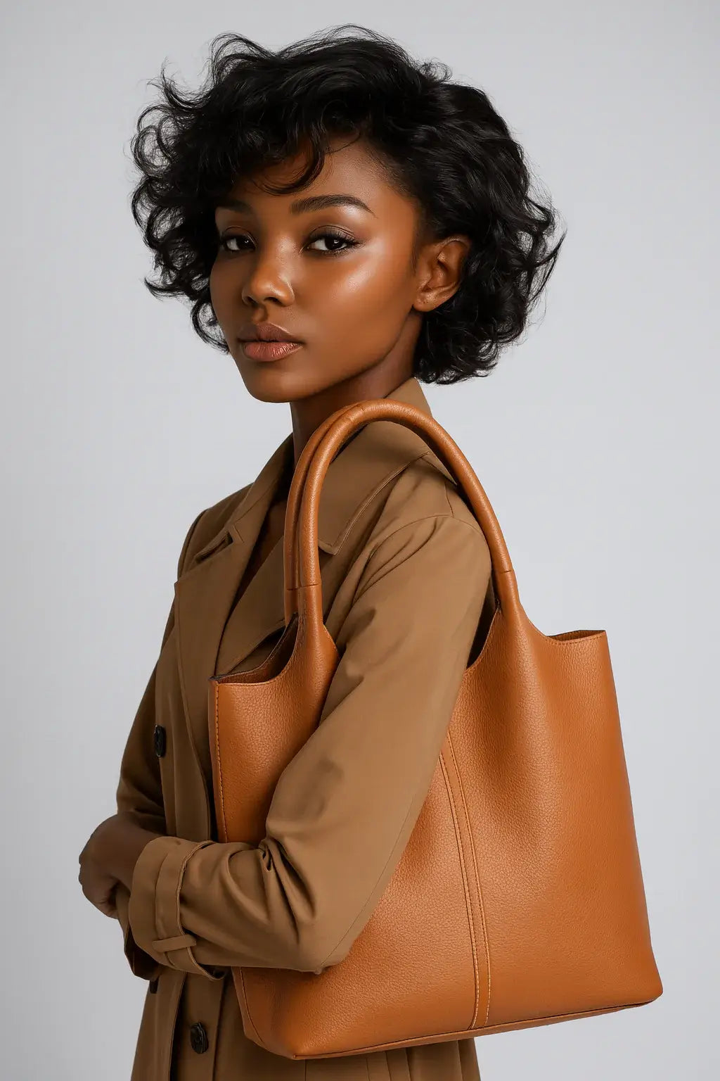 Harper Tote in rich brown held by a model, showcasing modern minimalism and everyday luxury.