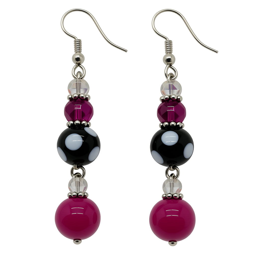 Legacy Pink Noir Duo Set – Handmade Fuchsia & Black Beaded Earrings + Charm Bracelet