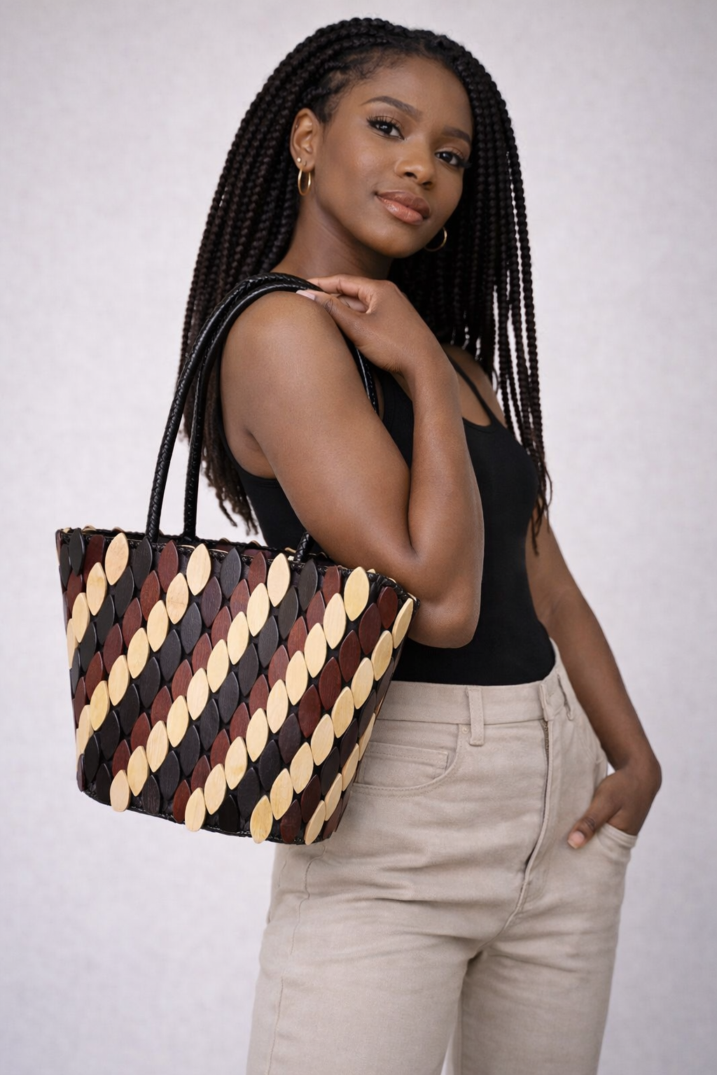 Annie Bag – Tricolor Edition | Handcrafted Leather & Wood Appliqué | Ancestry Collection