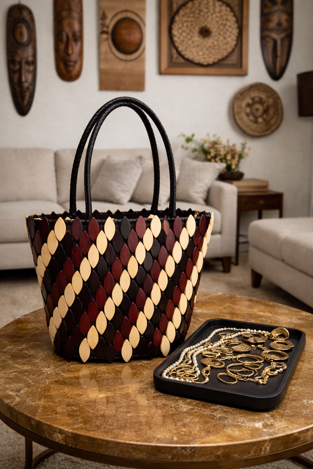 Annie Bag – Tricolor Edition | Handcrafted Leather & Wood Appliqué | Ancestry Collection