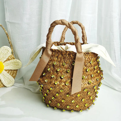 Handmade Pearl Straw Beach Bag