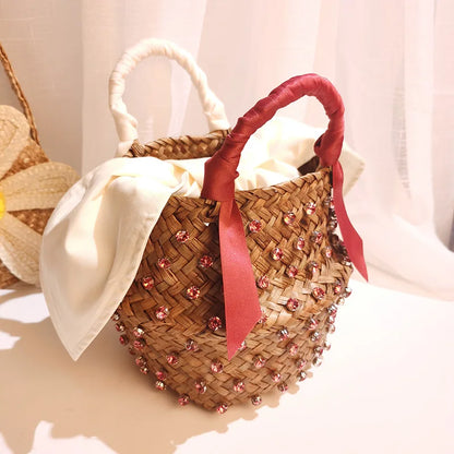 Handmade Pearl Straw Beach Bag
