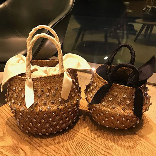 Handmade Pearl Straw Beach Bag