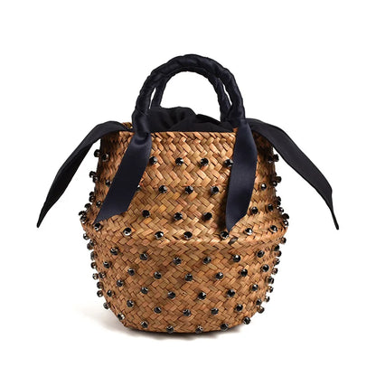 Handmade Pearl Straw Beach Bag