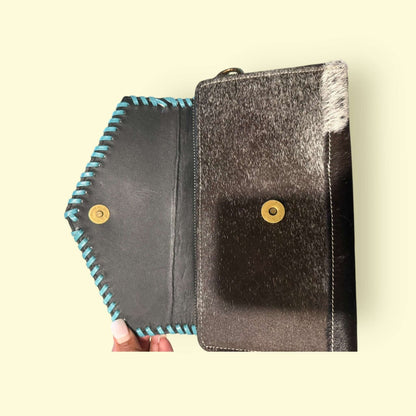 Interior view of Bloom Cowhide Crossbody Wallet showcasing turquoise whipstitch detailing and genuine cowhide craftsmanship.