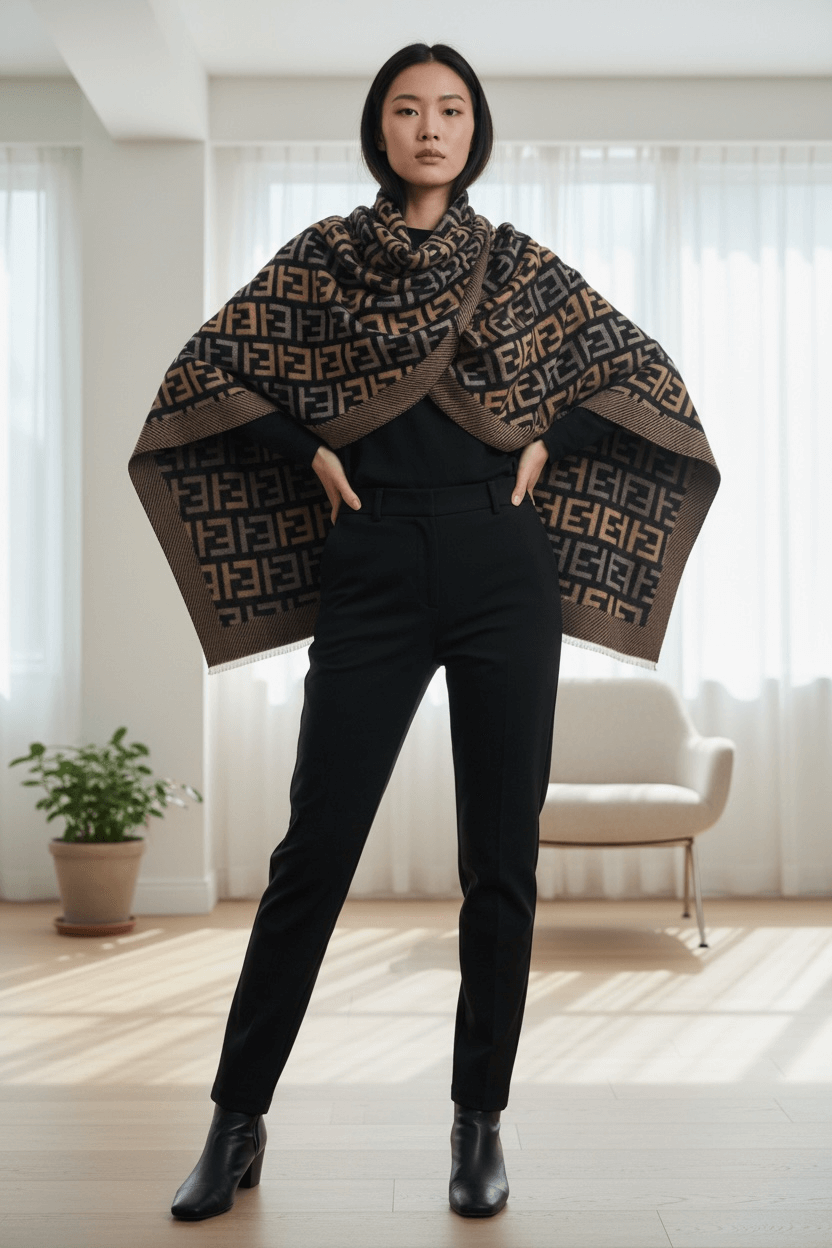 Roma Refined Signature Shawl | Legacy Luxe One-Size Statement Wrap styled elegantly on a model in a contemporary setting.