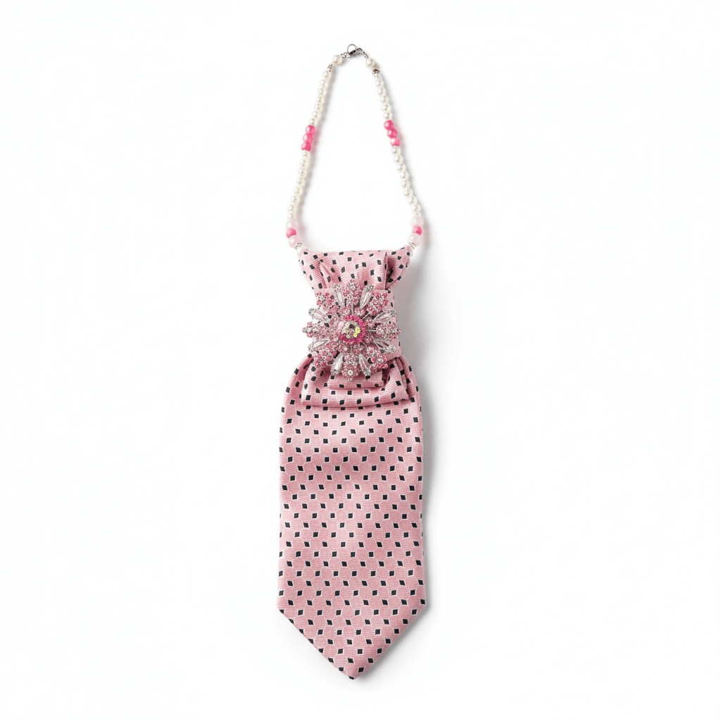 🌸 Blush Legacy Ascot & Statement Necklace Duo, a pink polka dot ascot tie with bead detailing, perfect for a chic look.