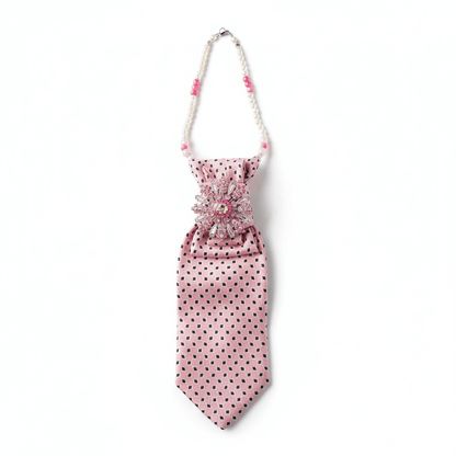🌸 Blush Legacy Ascot & Statement Necklace Duo, a pink polka dot ascot tie with bead detailing, perfect for a chic look.