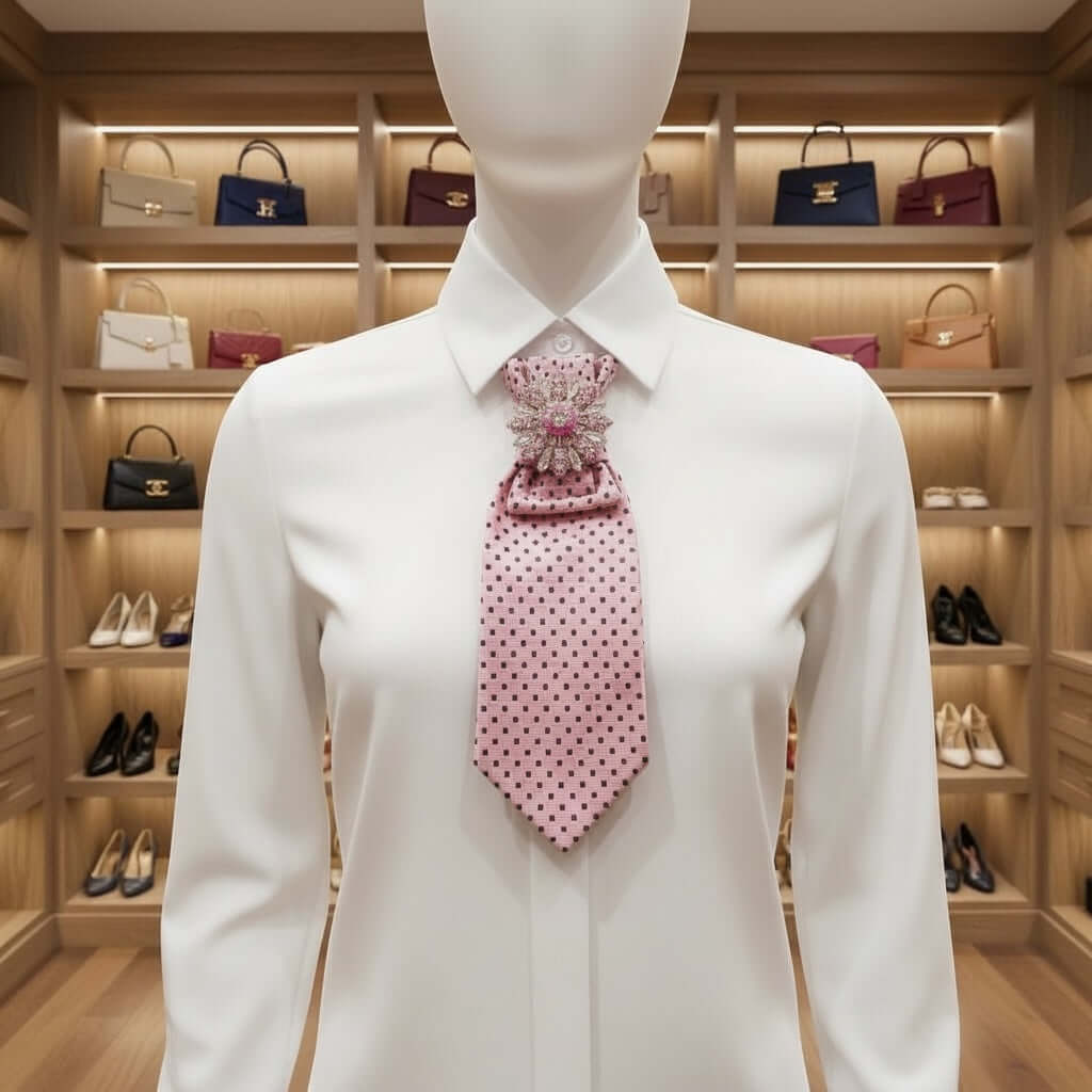 🌸 Blush Legacy Ascot & Statement Necklace Duo featured on a white shirt in a chic boutique setting.