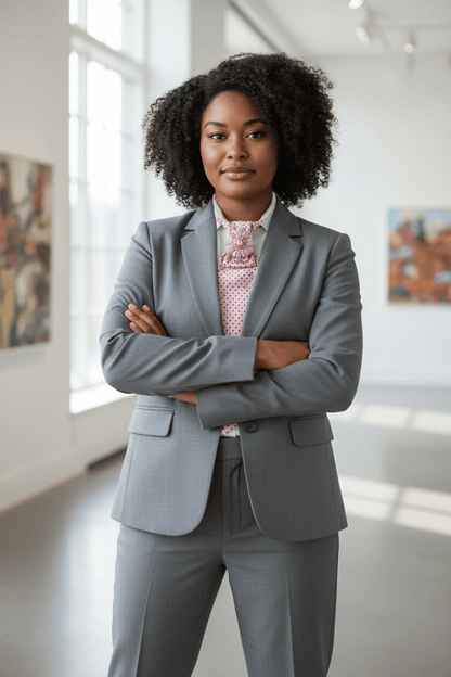 Confident woman in grey suit with blush ascot, showcasing chic style in a gallery, embodying elegance and professionalism.