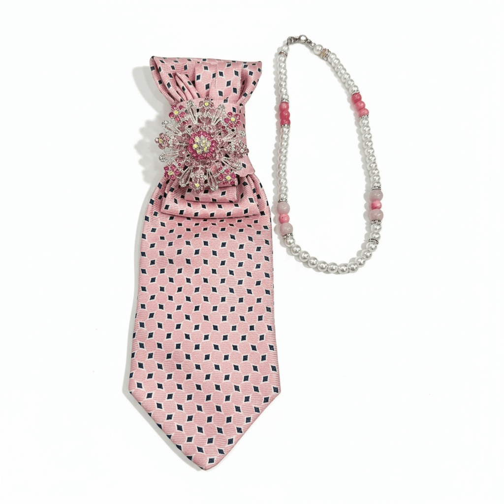 🌸 Blush Legacy Ascot & Statement Necklace Duo featuring a handcrafted blush ascot tie and matching beaded necklace.