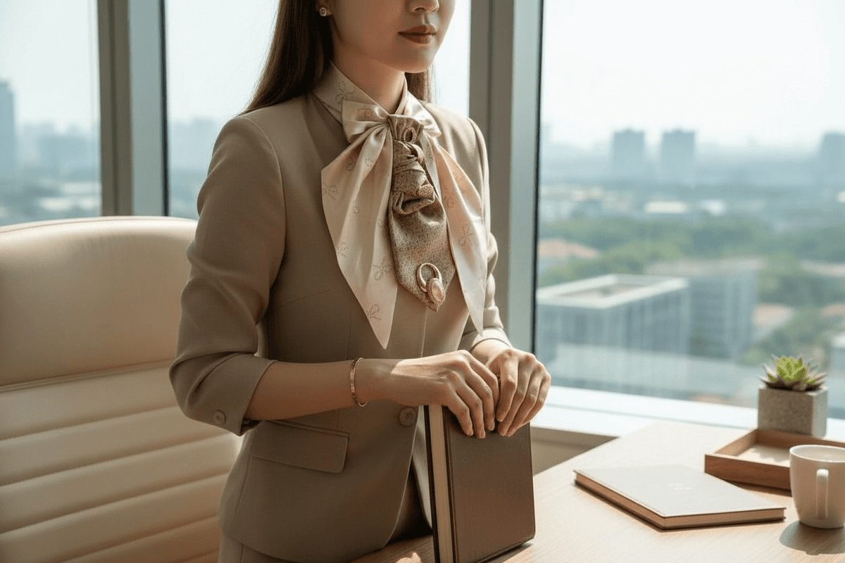 Cameo Couture Tie | Elegant Women’s Statement Accessory styled with a beige suit in an office setting.
