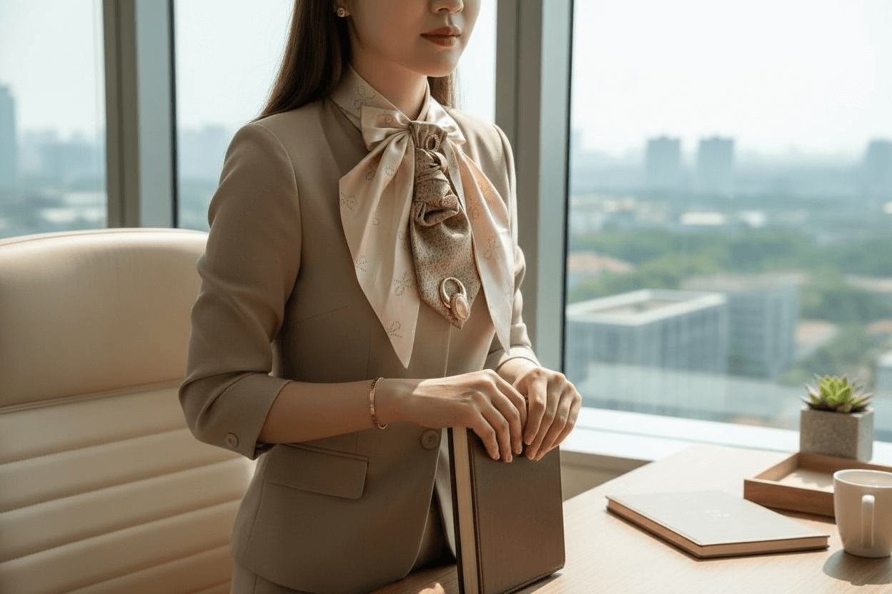 Cameo Couture Tie | Elegant Women’s Statement Accessory styled with a beige suit in an office setting.