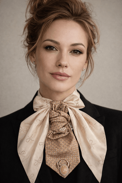 Cameo Couture Tie | Elegant Women’s Statement Accessory worn by a model with soft champagne tones and delicate detailing.