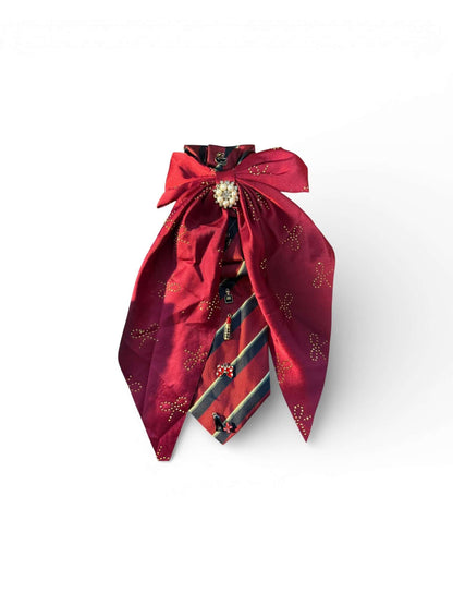 Heritage Pearl Ascot Tie – Crimson Bow Statement featuring a rich crimson bow and pearl brooch centerpiece.
