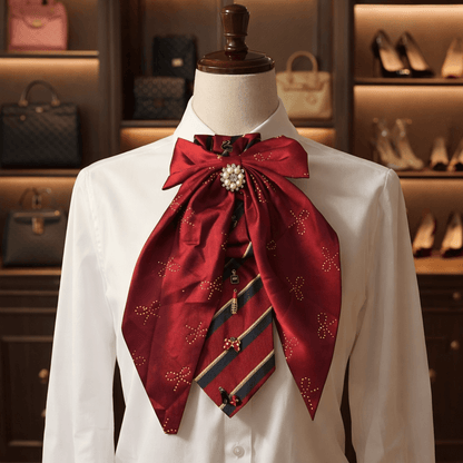 Heritage Pearl Ascot Tie – Crimson Bow Statement worn on a mannequin, featuring gold details and pearl brooch centerpiece.