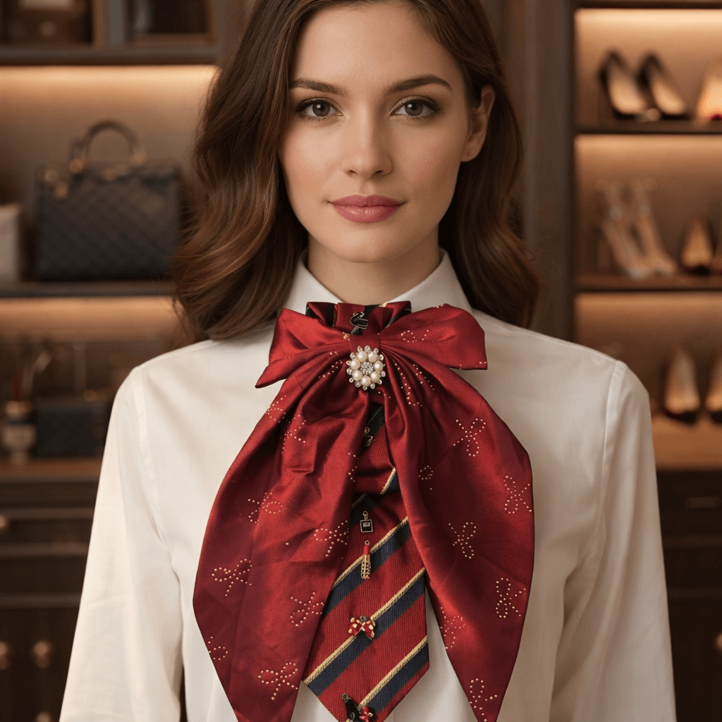 Heritage Pearl Ascot Tie – Crimson Bow Statement worn by a woman, showcasing the elegant bow and striped tie.