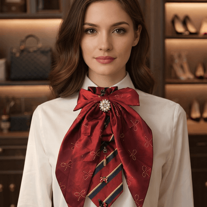 Heritage Pearl Ascot Tie – Crimson Bow Statement worn by a woman, showcasing the elegant bow and striped tie.