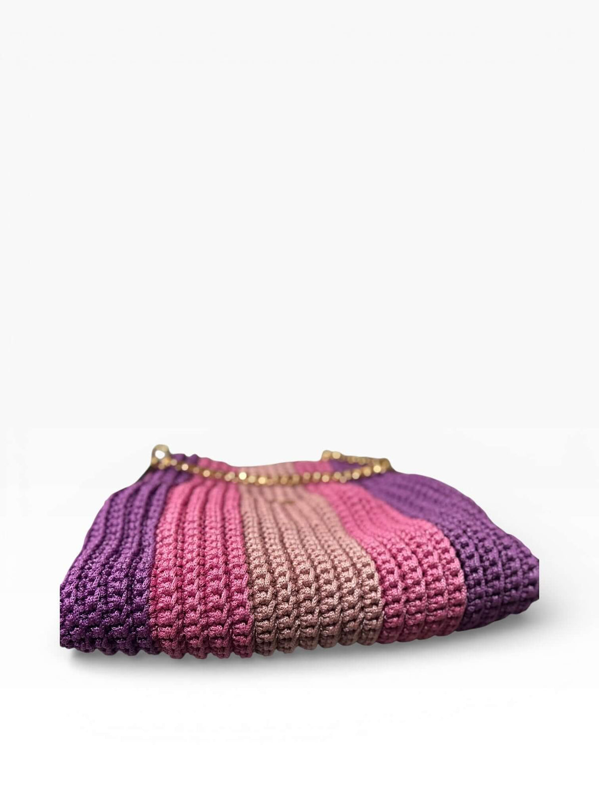 Seraphine Rose-Plum Crochet Bag with rich plum and rose hues, featuring a soft crochet exterior and metal chain strap.