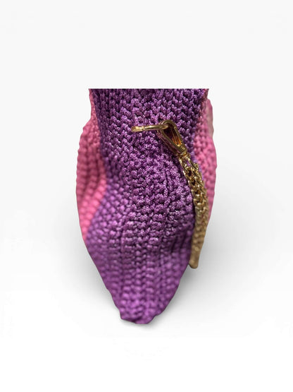 Seraphine Rose-Plum Crochet Bag featuring rich plum and rose hues with a gold chain zipper detail.