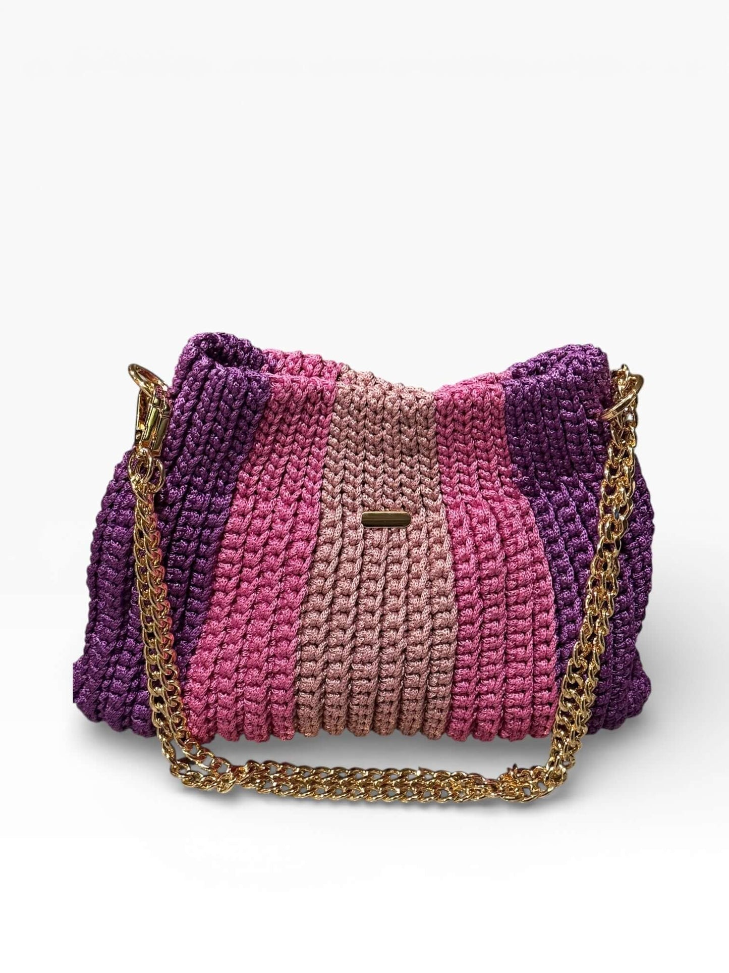 Seraphine Rose-Plum Crochet Bag showcasing rich plum and rose hues with a gold chain strap, perfect for stylish convenience.