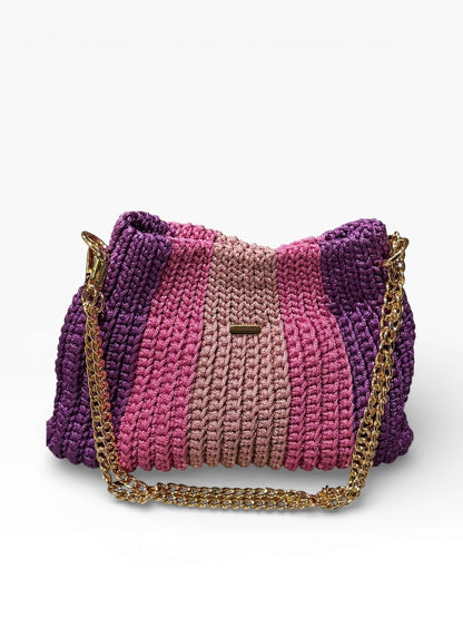 Seraphine Rose-Plum Crochet Bag showcasing rich plum and rose hues with a gold chain strap, perfect for stylish convenience.