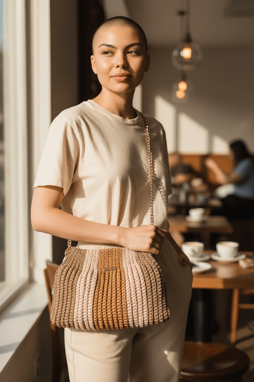 Model showcasing the Solara Handcrafted Crochet Chain Crossbody bag in a cafe, featuring a stylish crochet design.