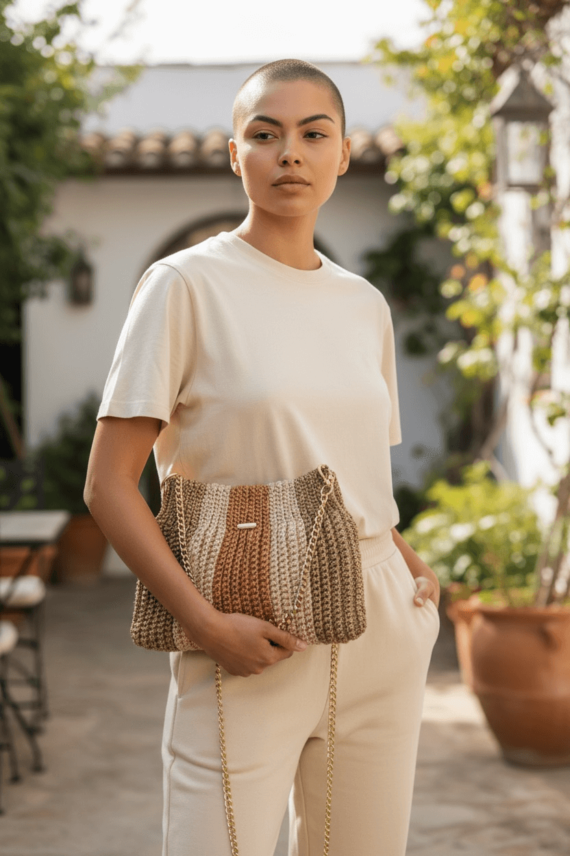 Model showcasing the Solara Handcrafted Crochet Chain Crossbody in a sunny outdoor setting.
