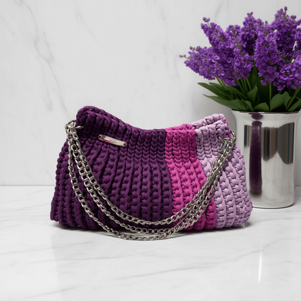 Amethyst Crochet Chain Bag in rich amethyst and plum tones with smooth lining and chain strap.