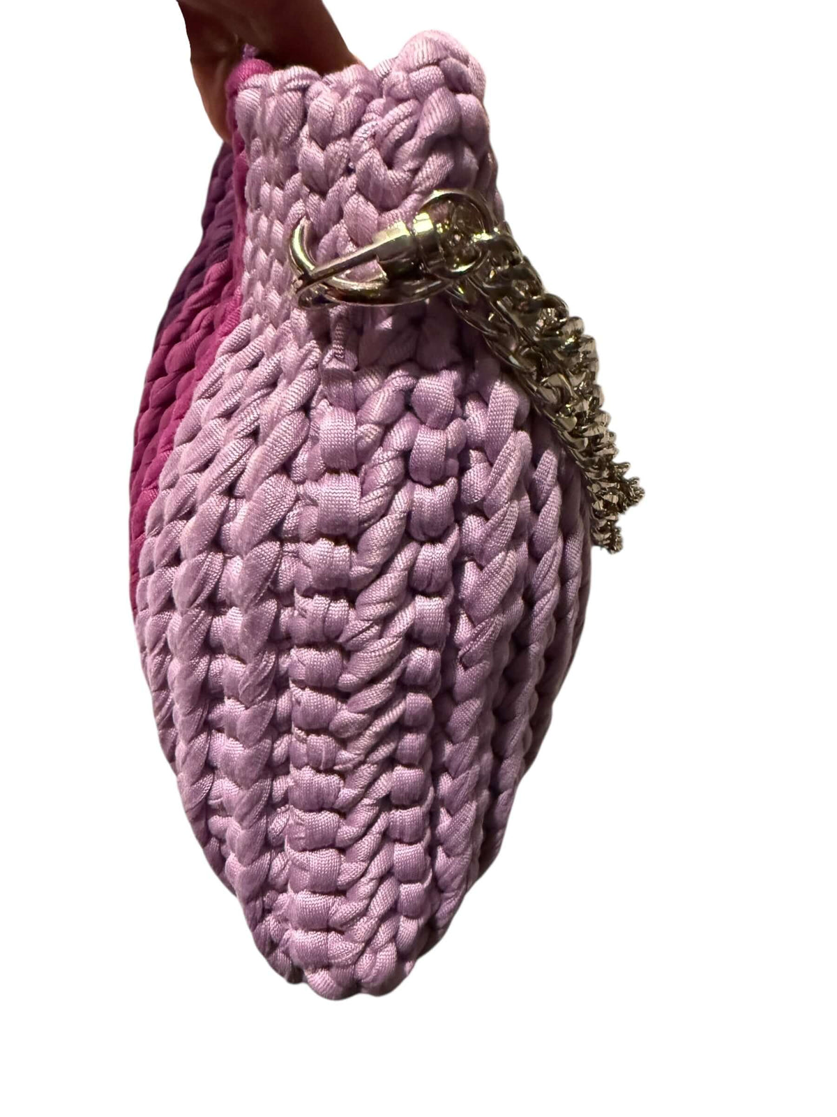 Amethyst Crochet Chain Bag featuring handcrafted crochet design in rich amethyst and plum tones with smooth plum lining.