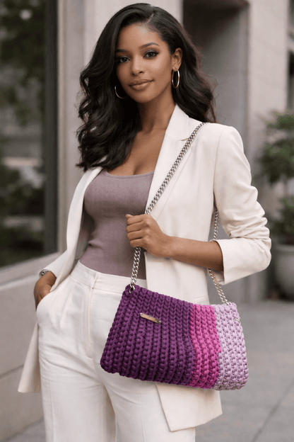 Stylish model showcasing the Amethyst Crochet Chain Bag in purple tones, perfect for everyday use.