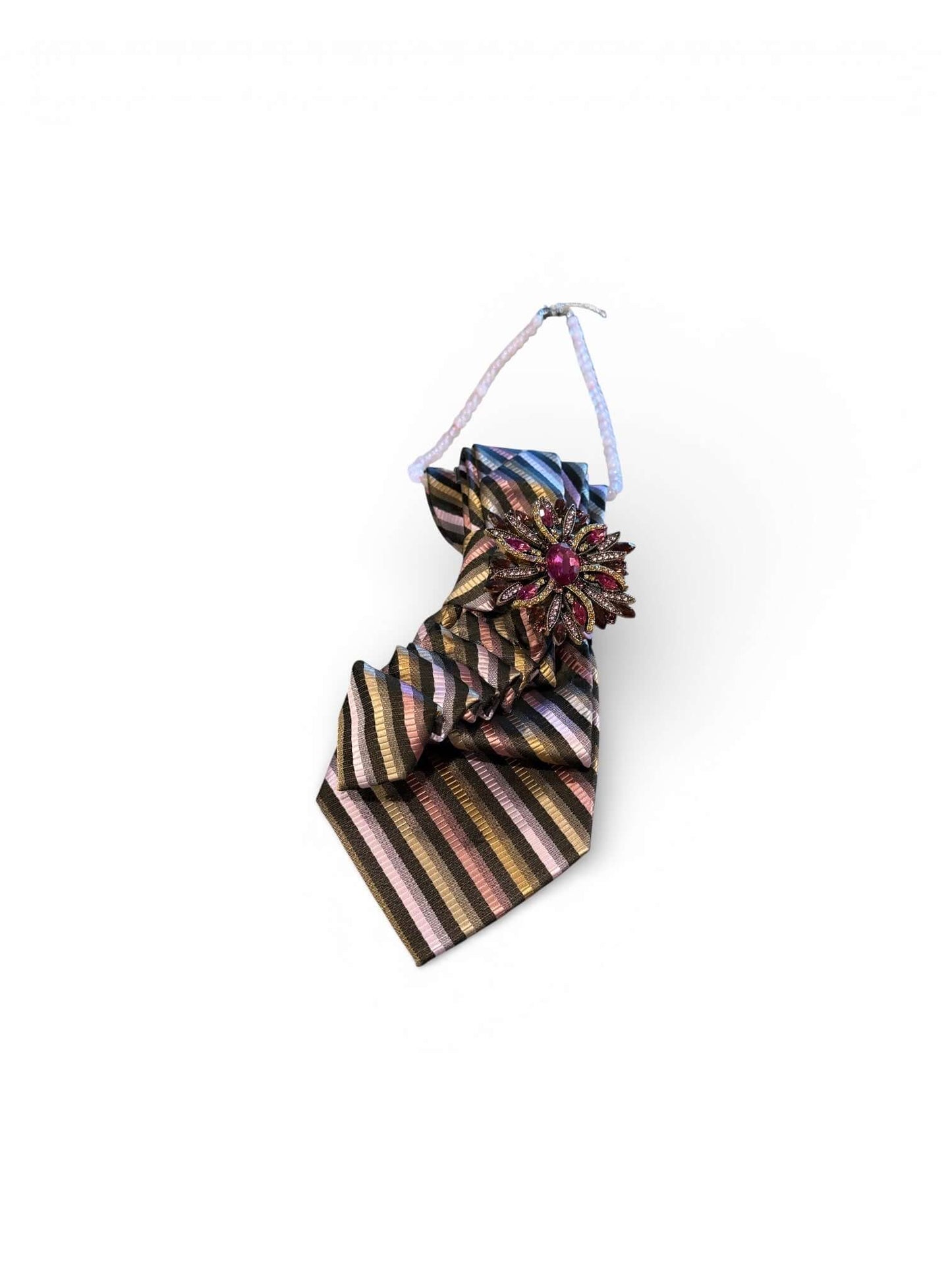 Rosette Stripe Statement Tie | One-of-One Handcrafted Luxury Tie with jeweled rosette accent and striped textile.